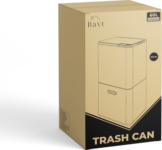 Bayt Poubelle 60 litres - Poubelle 60 litres - Séparation des déchets - 2 compartiments - Acier inoxydable - Argent