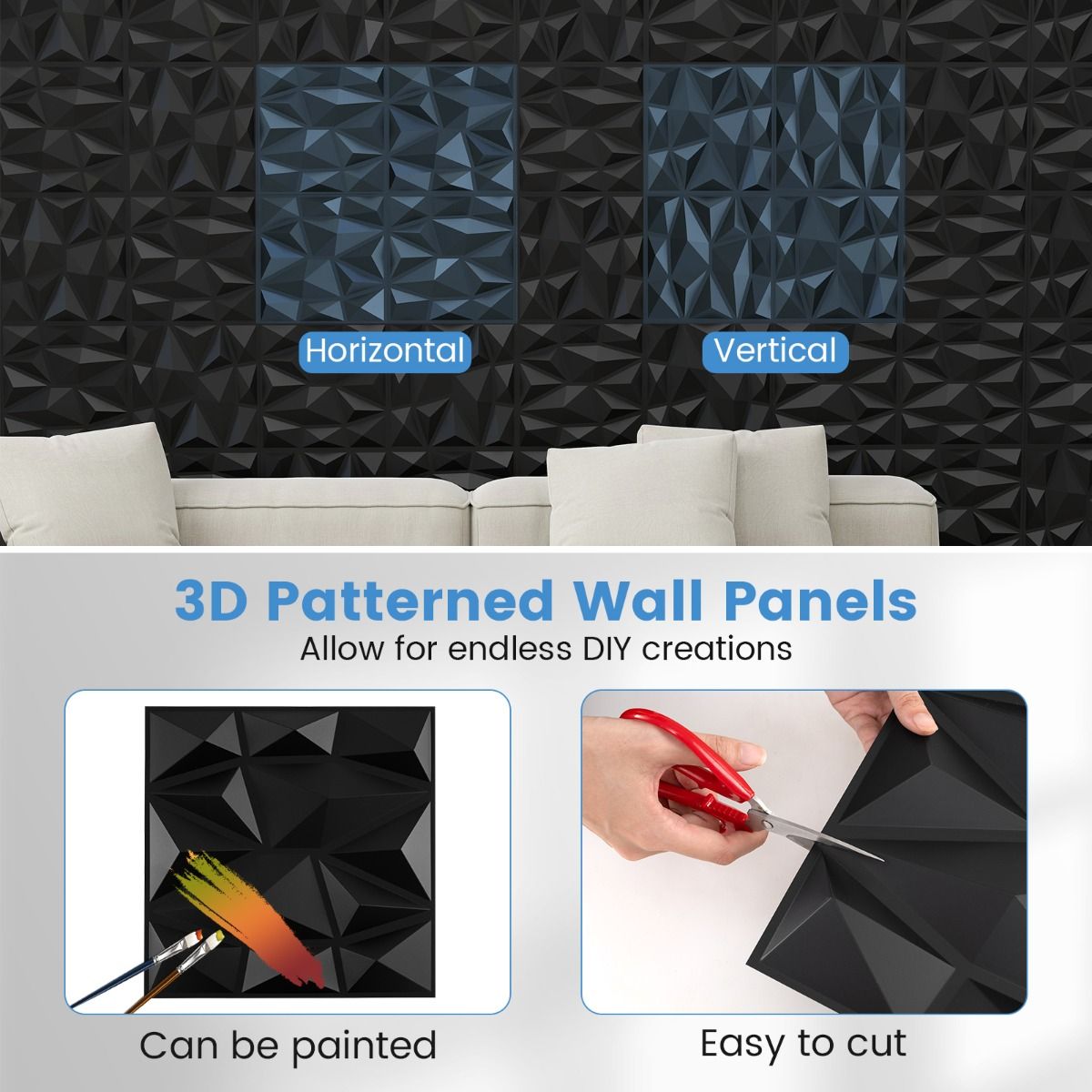 Panneaux muraux Coast 3D - motif en losange - autocollants - noirs 30 x 30 cm, 50 pièces
