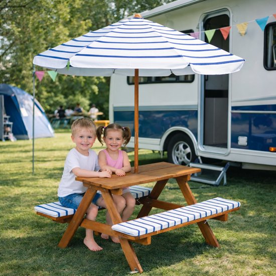 Table de pique-nique Pro Garden pour enfants - bleu/blanc - 75 x 75 cm - bois/polyester - parasol inclus - 2 coussins inclus - ensemble de jardin