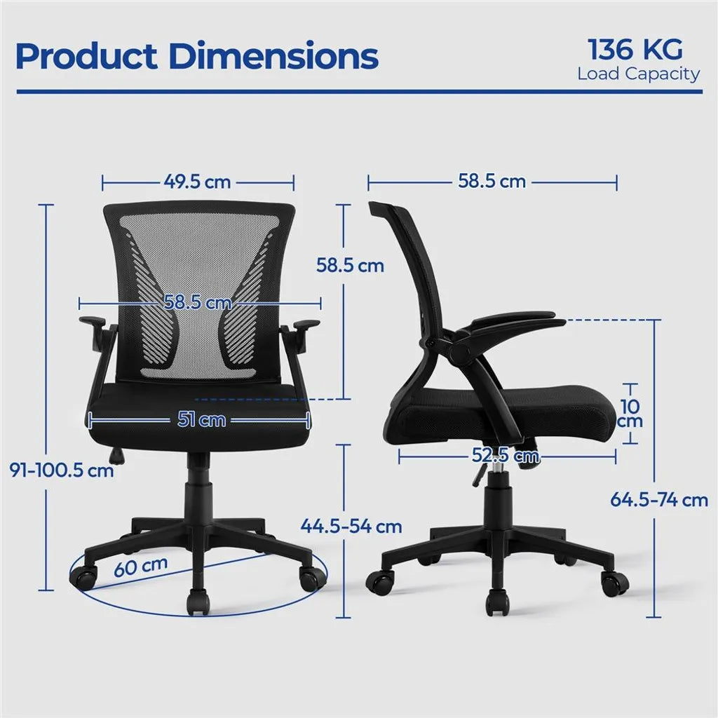 Chaise de bureau ergonomique Yaheetech avec accoudoirs réglables, jusqu'à 136 kg, noire