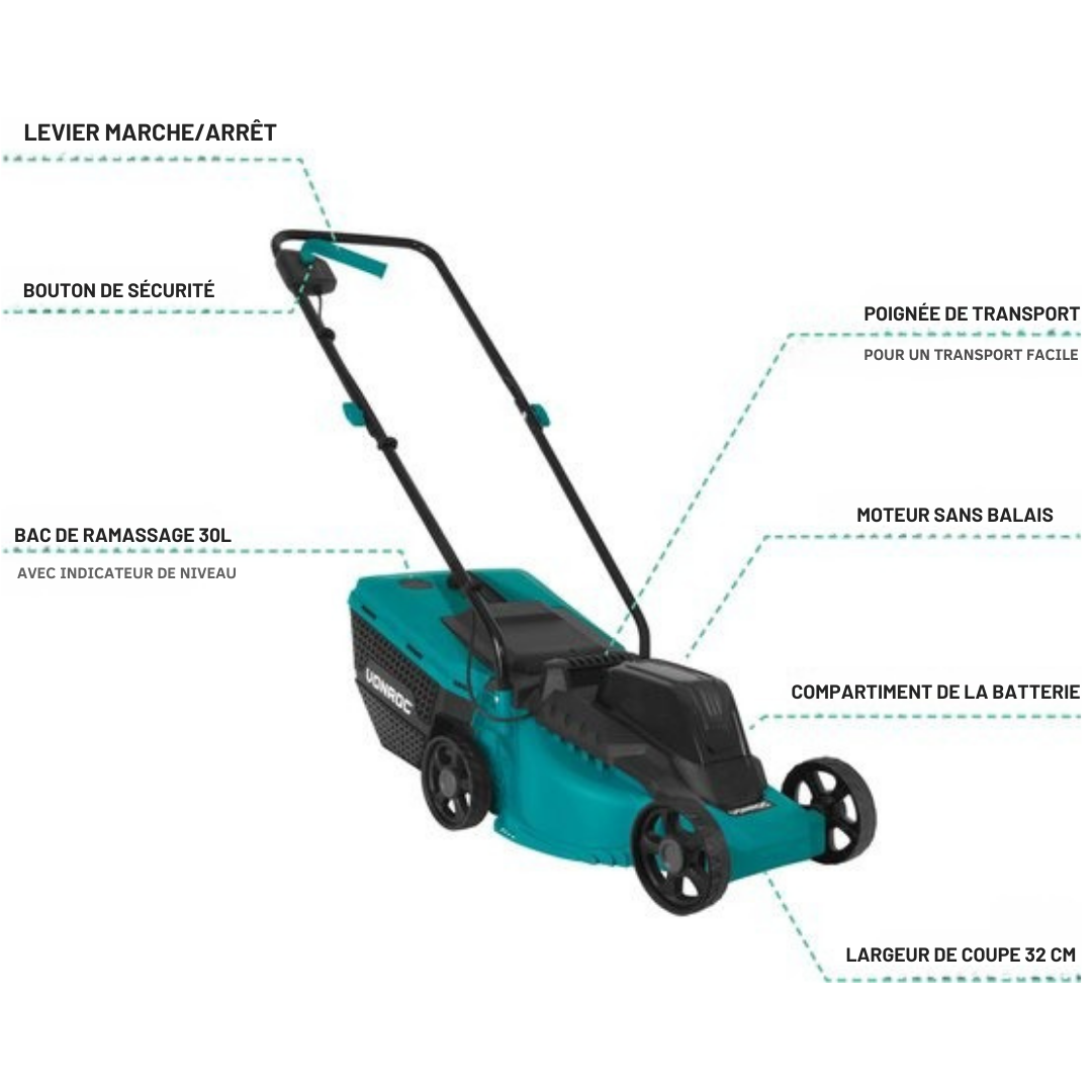VONROC Tondeuse Accu 20V - Largeur de coupe 32 cm - Moteur sans balais - Trois hauteurs de coupe réglables : 30/50/70 mm - Bac de ramassage 30L inclus - SANS batterie et chargeur