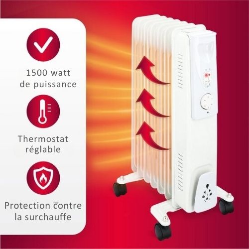 Radiateur électrique à huile Alpina, Chauffage avec thermostat, Chauffage électrique, Chauffage d'appoint, 1500W , Blanc