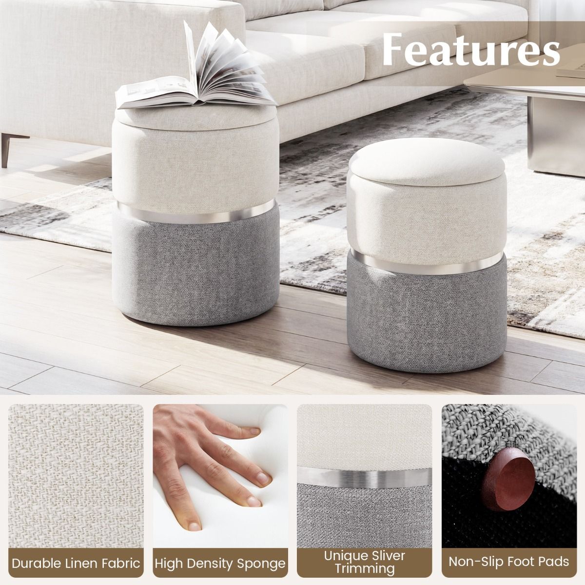 Ensemble de poufs de rangement Coast - lot de 2 poufs ronds - tissu en lin - anneau décoratif argenté - beige et gris