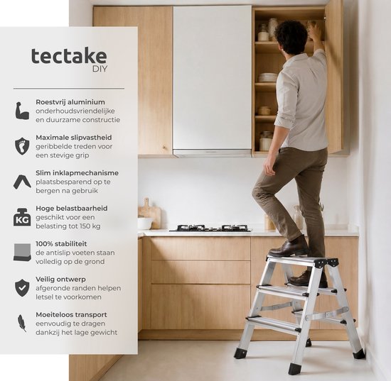 Échelle de cuisine double face en aluminium tectake® - 3 marches - 58 cm - Échelle robuste - Marchepied pliable - Échelle ménagère antidérapante