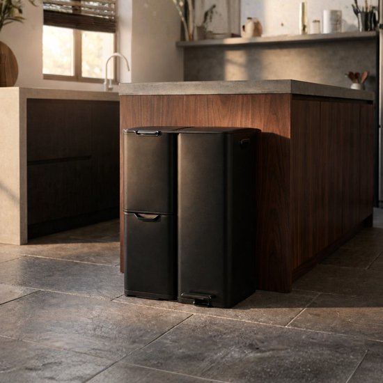 Bayt Poubelle - Poubelle 60 litres - Poubelle 60 litres - Poubelle à pédale 60 litres - Poubelle tri sélectif - Poubelle 3 compartiments - Poubelle - inox - Noir