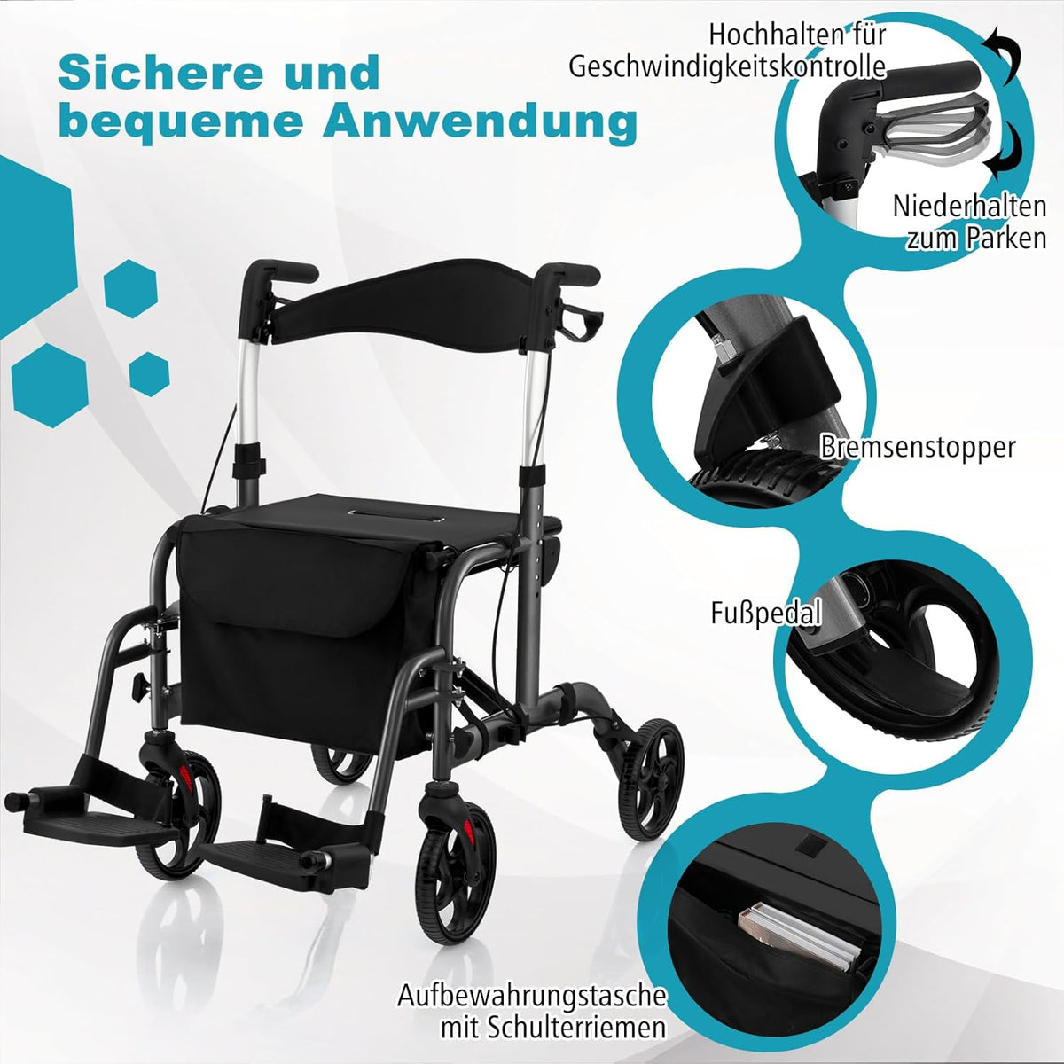 Déambulateur pliable Coast - Multifonctionnel - Hauteur réglable - Avec support pour sac et bâton - Noir