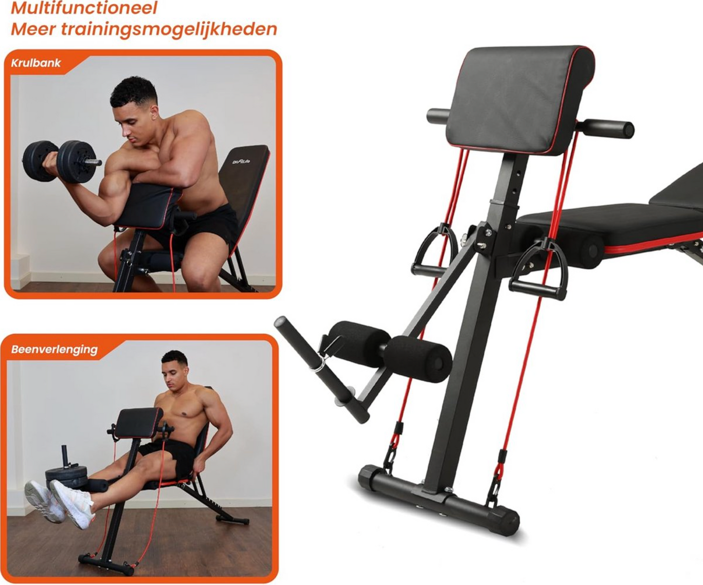 DH FitLife banc d'haltères pliable avec banc de curl et tendeur de jambes, multifonctionnel - 7 niveaux