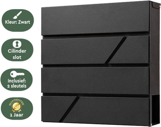 BRASQ Letterbox Hanging Black Deluxe - Boîte aux lettres murale avec serrure et compartiment à journaux - avec matériel de montage et 2 clés - Boîte aux lettres - boîte postale - boîte à lettres - acier inoxydable