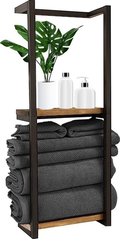 Vonia Porte-serviettes - Porte-serviettes salle de bain - Porte-serviettes salle de bain - Porte-serviettes - Noir/Bois