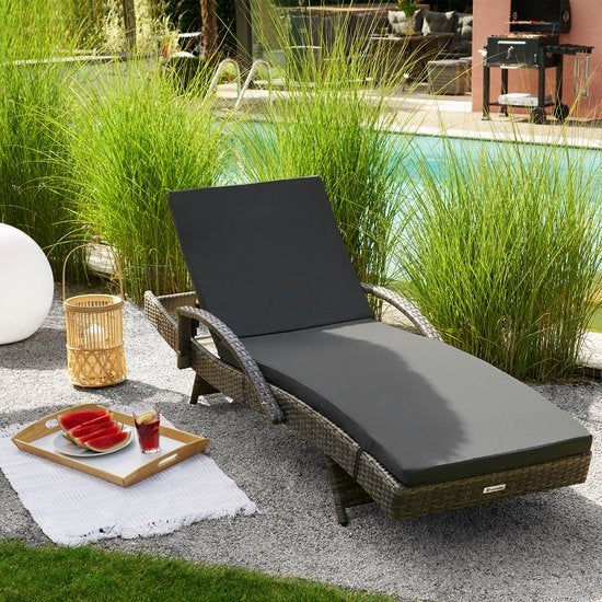 tectake® - Chaise longue en osier - Dossier réglable (5 positions) - Coussin de chaise longue inclus avec housse lavable - gris - poly-rattan