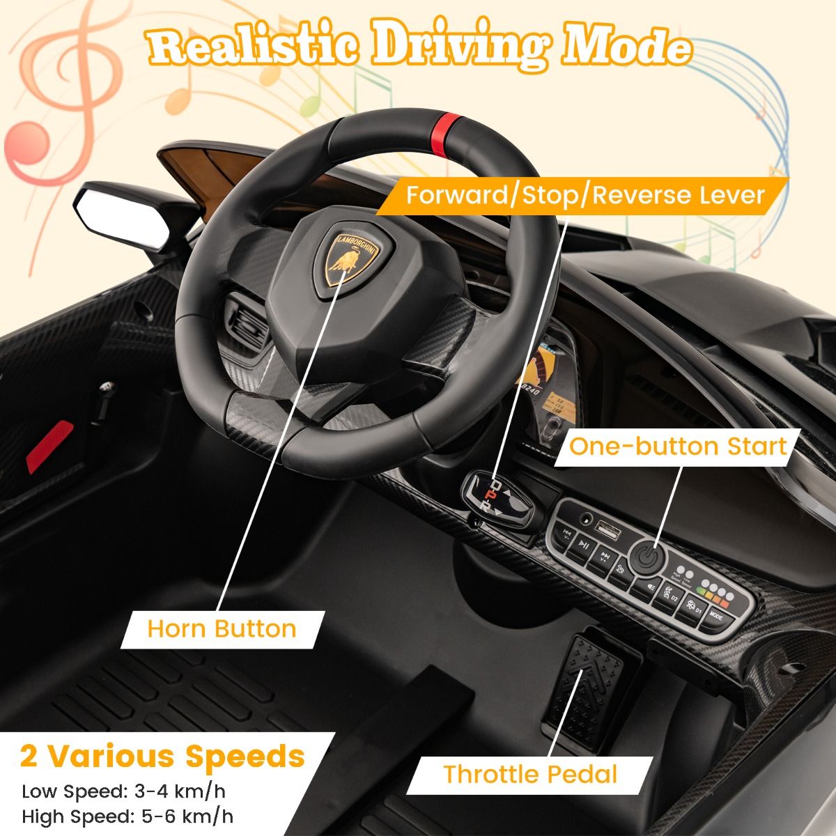 Coast Lamborghini Licensed Electric Car - Batterie 12V - Télécommande - 3 Vitesses - Portes hydrauliques - Noir