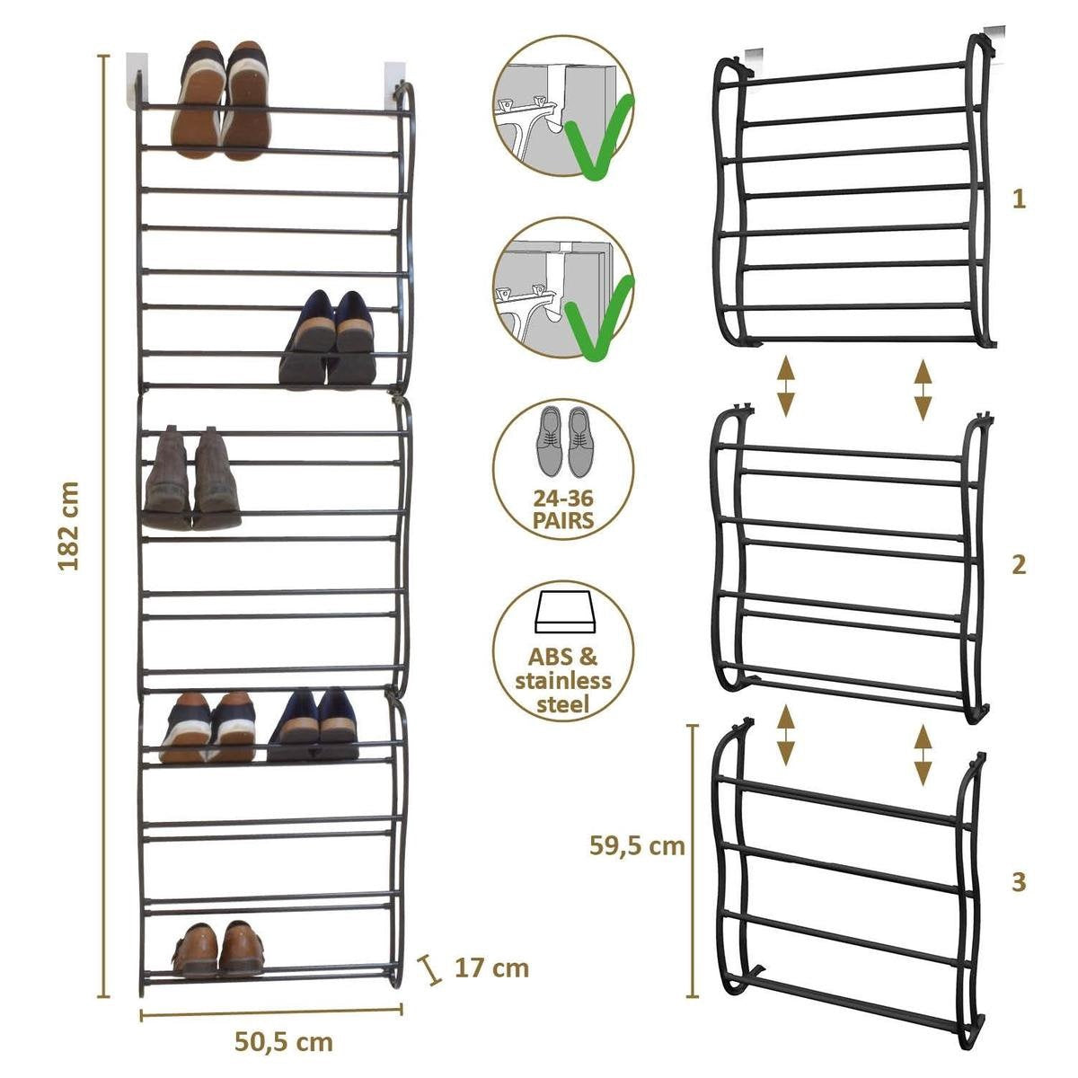 O'DADDY® porte chaussures suspendue - Convient aux portes droites et obtuses, des deux côtés - 20 x 51 x 182 cm - Noir