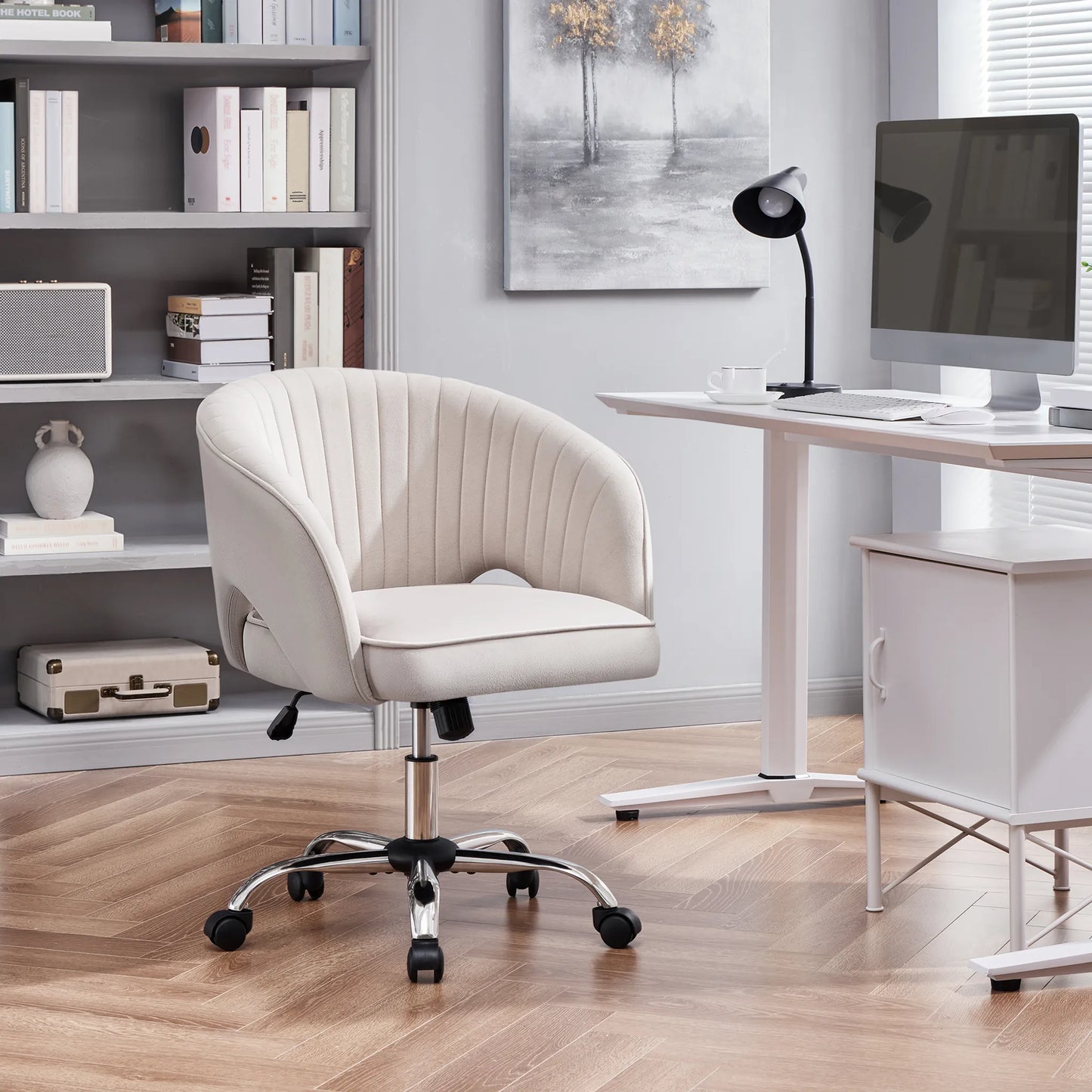 Yaheetech Chaise de bureau à bascule - Hauteur réglable par vérin à gaz, roues pivotantes à 360° et motif vertical - Pour bureau et salle de réception - Velours blanc crème et métal - 60 x 56.5 x 73-83 cm