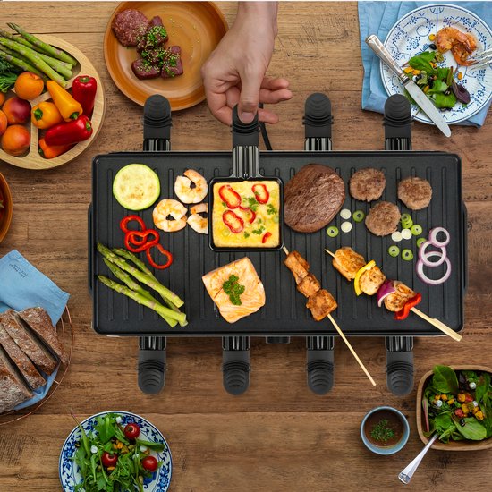 Bourgini Gourmet Raclette Pure - Set gourmet avec plaque réversible pour le gril et la cuisson - Raclette 8 personnes - 21x42 cm - Revêtement sans PFAS - Thermostat réglable - 8 spatules et poêles incluses