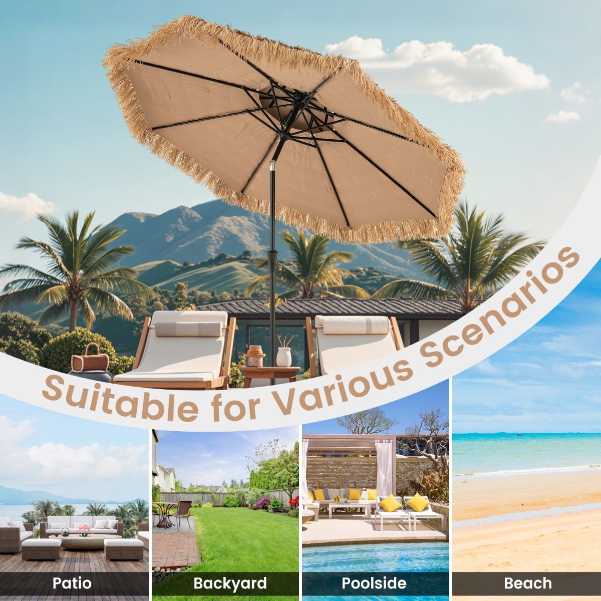Coast Hawaiian Wicker Tiki Parasol 267x247 cm - Parasol de terrasse naturel avec manivelle, mécanisme d'inclinaison et 8 baleines robustes