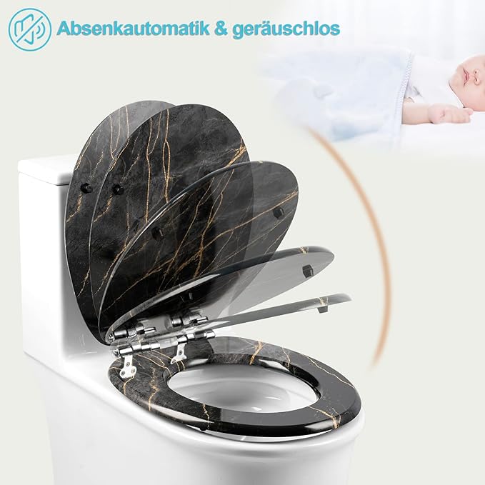 Siège de WC eSituro avec mécanisme Softclose – Universel – Équipé d'un système de fixation rapide, de patins antidérapants et d'un imprimé sur trois côtés – Pour WC et salle de bains – MDF multicolore et charnières en acier inoxydable – 375 x 440 mm