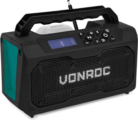 VONROC Radio de construction à batterie 20V - FM, bluetooth & USB - Haut-parleurs portatifs bass-reflex - Sans batterie ni chargeur rapide