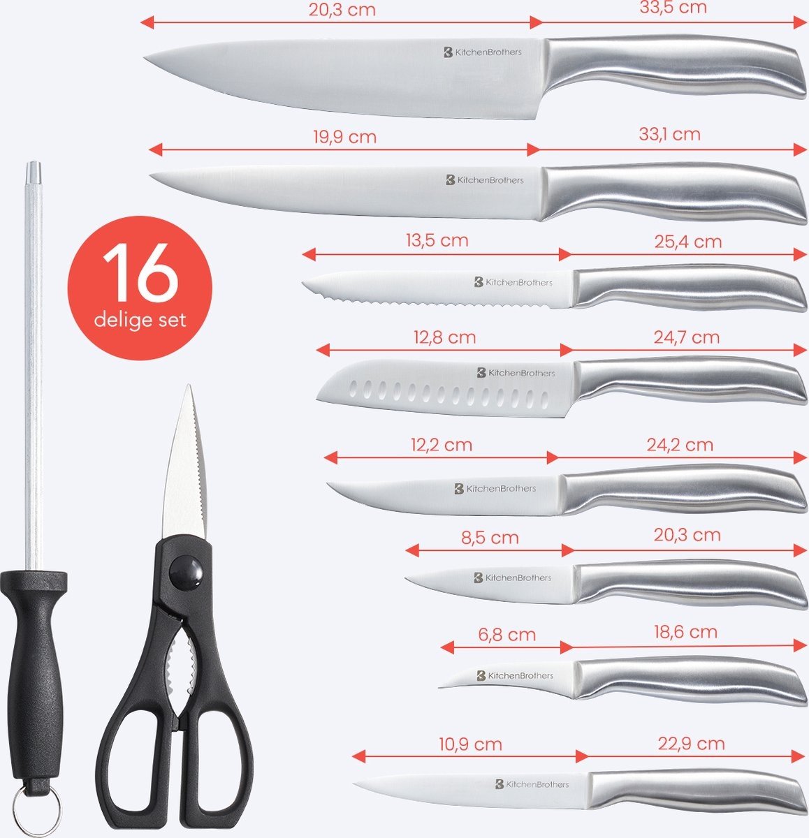 KitchenBrothers Set de couteaux - Bloc de couteaux - 16 pièces - avec ciseaux et acier d'affûtage - Bois de caoutchouc