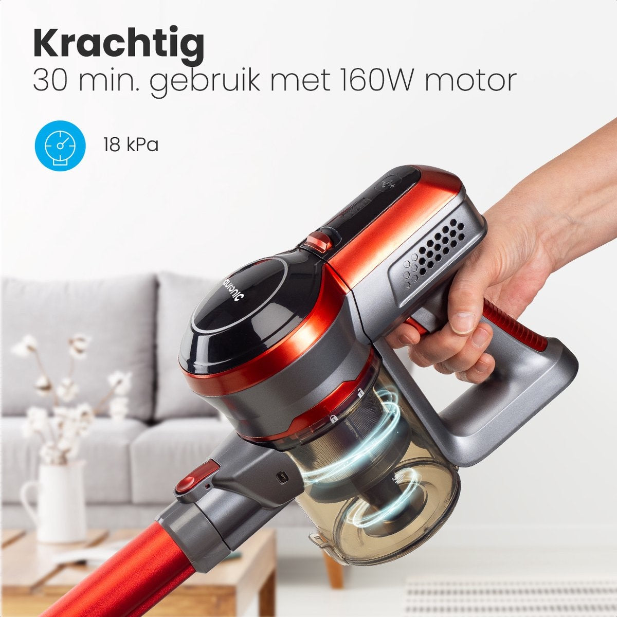 Aspirateur Sans fil - Auronic - Sans sac - 4-en-1 - Alimenté par batterie - 160W - Rouge/Gris