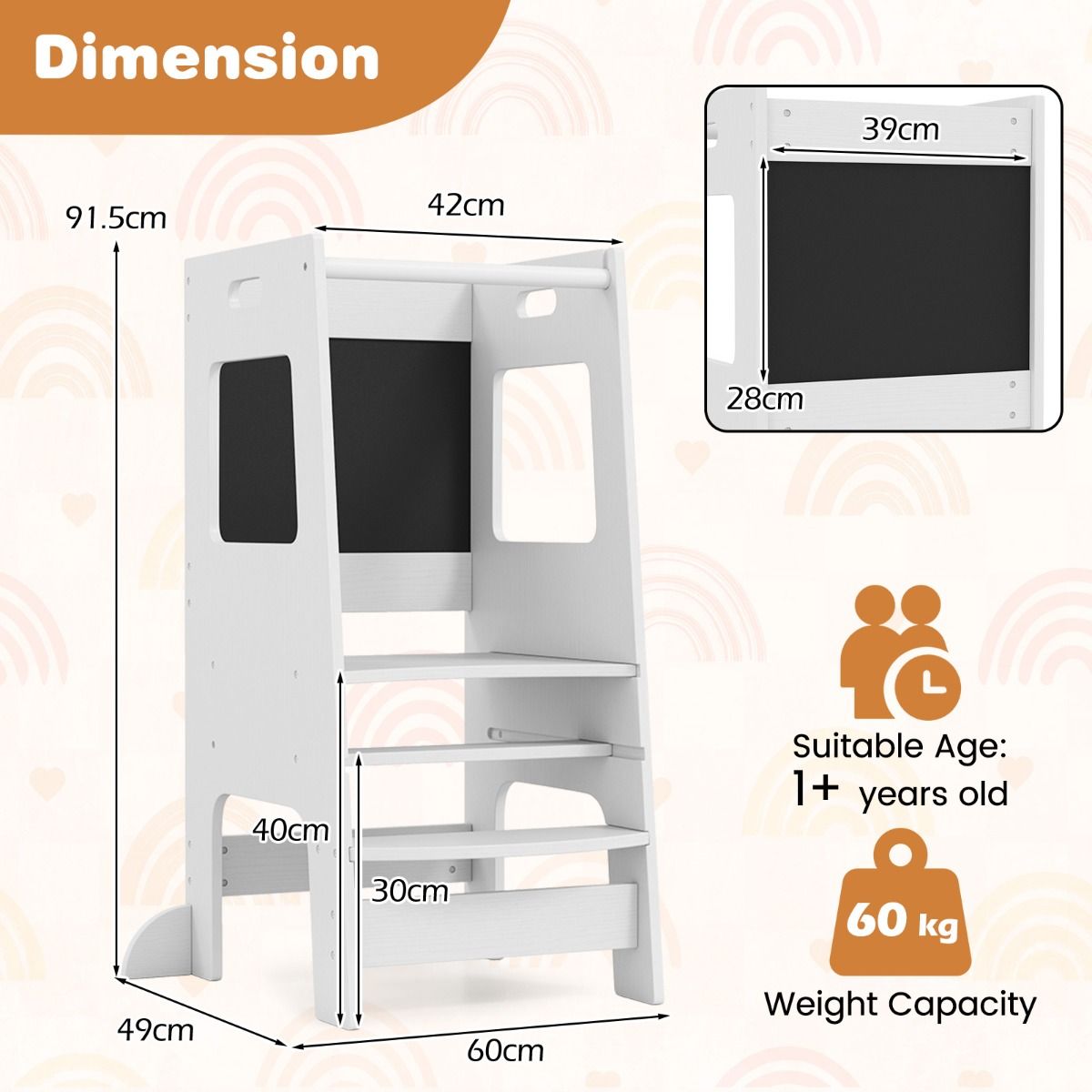 Coast Kitchen Steps for Toddlers - Tabouret en bois pour enfants avec tableau d'activités - Réglable 30/40 cm - Rail de sécurité - Blanc 60 x 49 x 91.5 cm