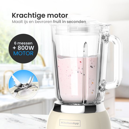 KitchenApp Retro Blender 1.5L - Cruche en verre - 800W - Glace pilée, Smoothie & Pulse - Beige