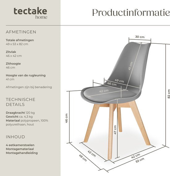 tectake® Chaise de salle à manger Frederikke - Lot de 4 chaises de salle à manger avec assise rembourrée en tissu - Pieds en bois massif - Chaises ergonomiques adaptées au salon, à la salle à manger, à la chambre et à la cuisine - Capacité de charge : 120