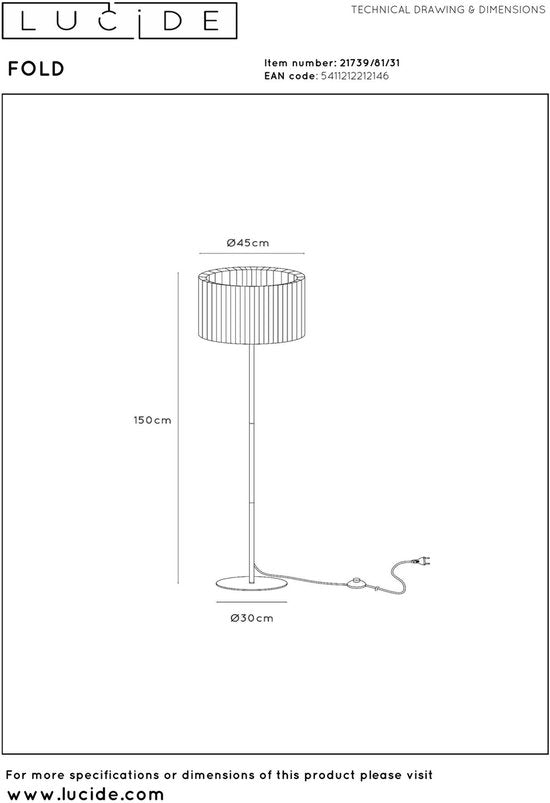 Lucide FOLD - Lampadaire - Ø 45 cm - 1xE27 - Blanc - Japandi