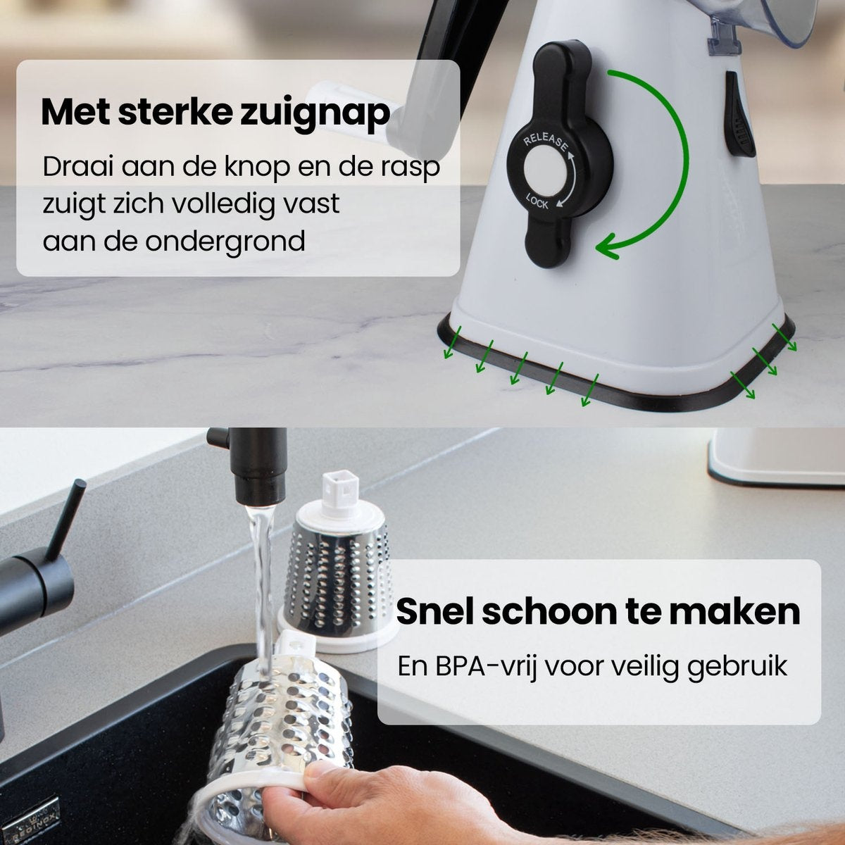 Râpe à tambour Nimma - Comprend 3 accessoires et un couteau en spirale - convient comme moulin à fromage et râpe - Blanc
