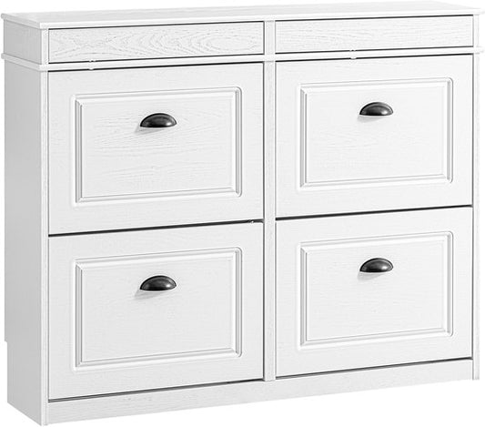 SoBuy FSR79-WG Meuble à chaussures avec 4 abattants, meuble à chaussures, entrée, meuble à chaussures, étagère à chaussures, 16 paires, pour couloir, entrée, 103 x 23 x 82 cm, effet bois antique, blanc