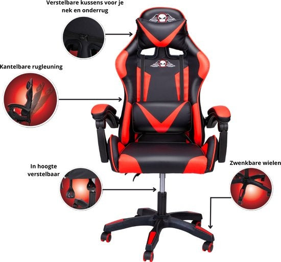 No Fear Gaming Chair - Chaise de jeu - Chaise de bureau - Hauteur réglable de 46 à 56 cm - Rouge/Noir
