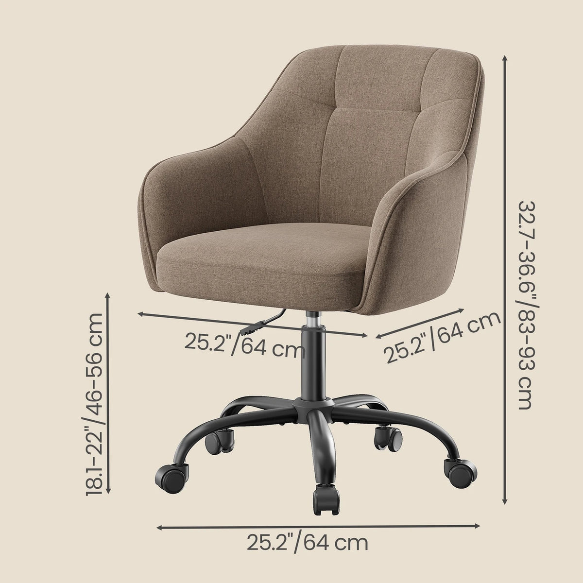 Chaise de bureau ergonomique Ochama - Réglable et pivotante - Tissu respirant - 64 x 64 x 78-88 cm - Marron