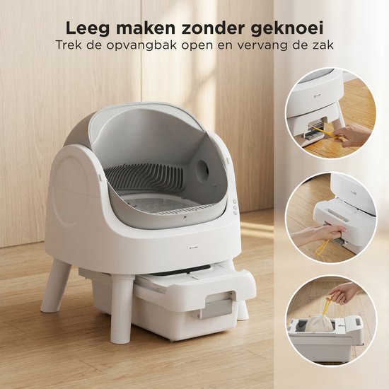 TrevoPet® Bac à litière automatique - autonettoyant et sûr - pour chats jusqu'à 12 kg - tapis, 60 sacs à déchets et accessoires inclus - poubelle de 10 litres - blanc et gris
