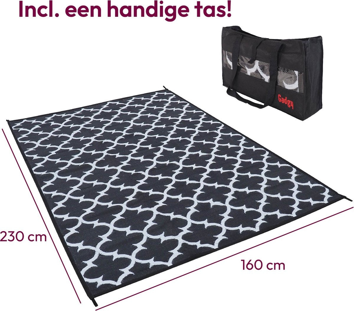 Gadgy Buitenkleed Vloerkleed XL - 230x160 cm - Campingkleed - Picknickkleed - Tuintapijt - Buitentapijt - Balkon Kleed - Omkeerbaar - Incl. Draagtas - Tuindecoratie Zomer 2024