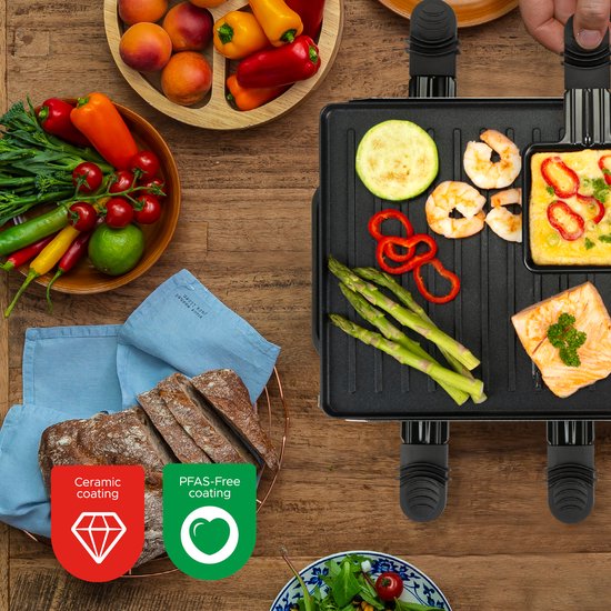 Bourgini Gourmet Raclette Pure - Set gourmet avec plaque réversible pour le gril et la cuisson - Raclette 8 personnes - 21x42 cm - Revêtement sans PFAS - Thermostat réglable - 8 spatules et poêles incluses