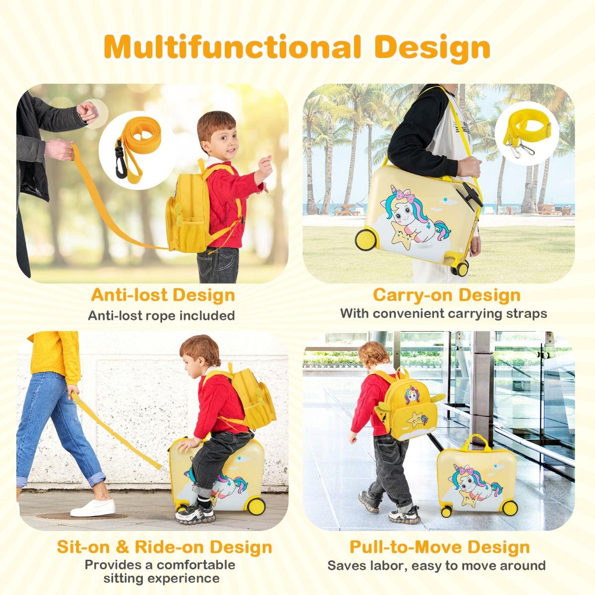 Ensemble valise et sac à dos pour enfants Coast - Valise à roulettes - Sac à dos avec un adorable motif d'abeilles - Jaune