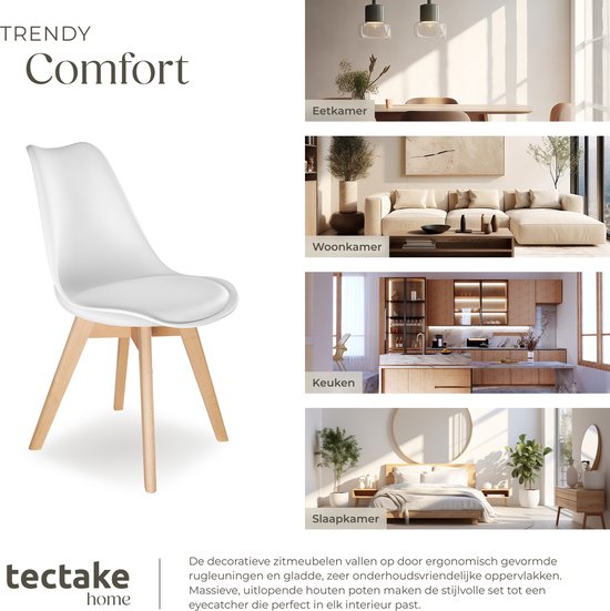 tectake® Dining Chair Frederikke - Lot de 4 chaises de salle à manger avec assise en tissu rembourrée - pieds en bois massif - Chaises ergonomiques adaptées au salon, à la salle à manger, à la chambre à coucher et à la cuisine - Capacité 120kg - Blanc