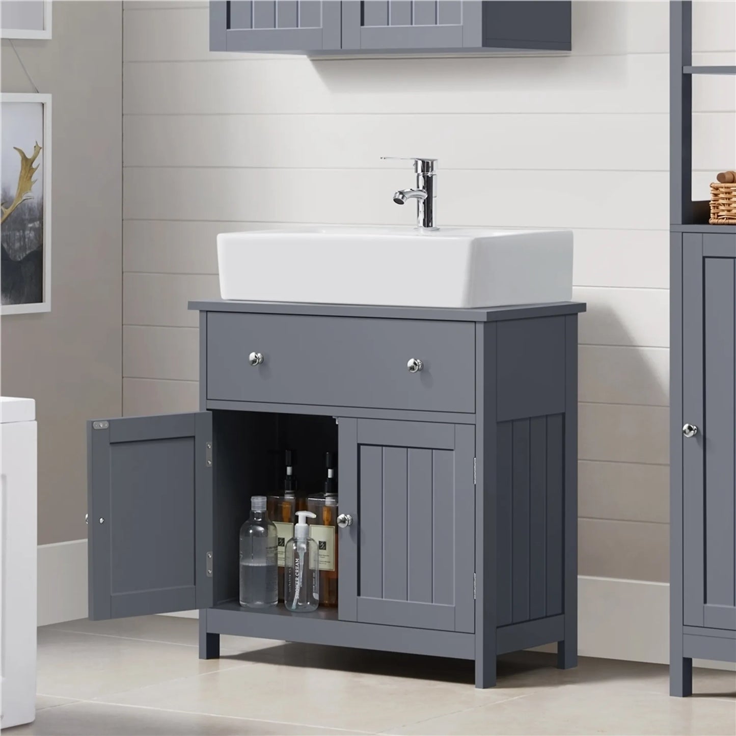 Yaheetech Meuble bas avec tiroir et deux compartiments - équipé d'une découpe pour siphon, d'un revêtement hydrofuge et de ferrures - pour salle de bains de style rustique - Mdf gris foncé et métal - 60 x 30 x 60 cm
