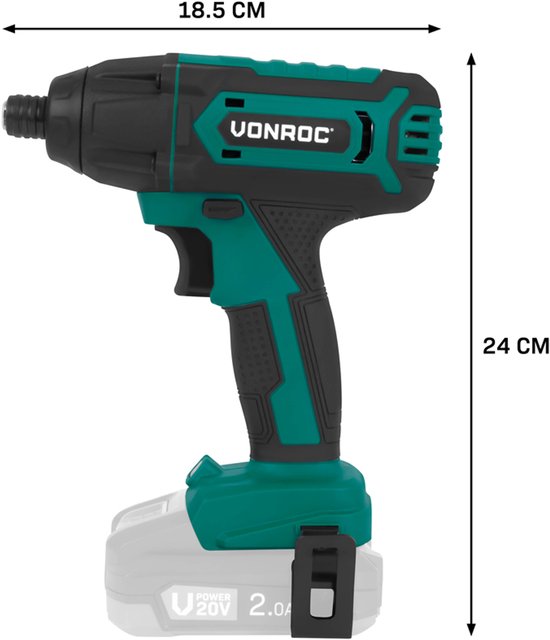 VONROC Accu Visseuse à percussion 20V - 180Nm - Prise : 6,35 mm ¼" - Embouts de vissage, porte-embouts mag-net et porte-capuchon inclus - Batterie et chargeur rapide inclus
