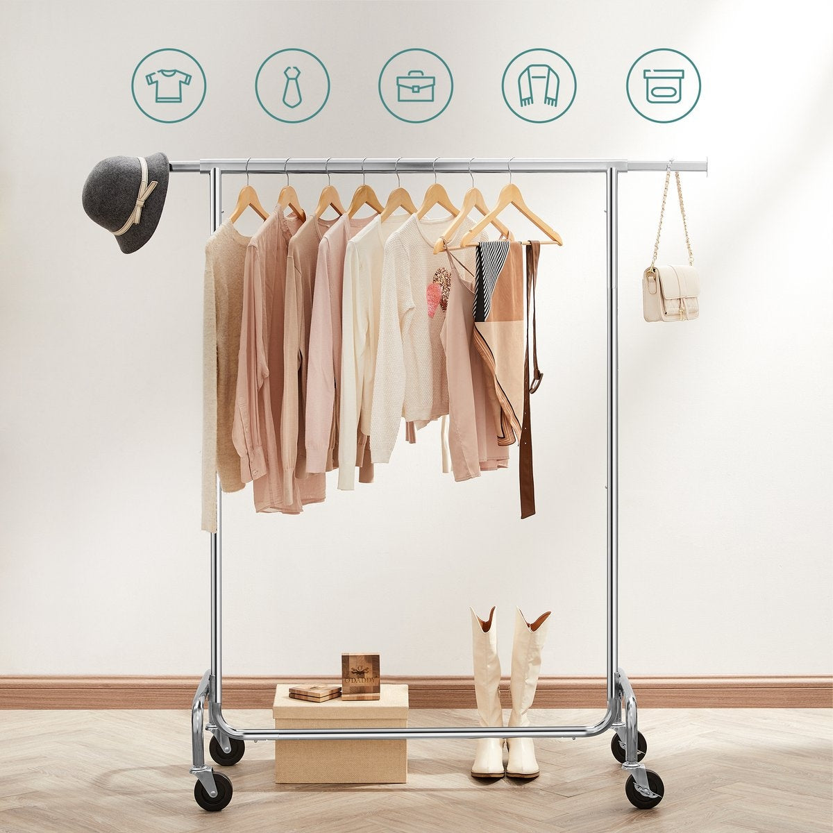 O'DADDY® Porte-vêtements sur roulettes - Porte-vêtements - Barre à vêtements réglable - Barre à vêtements extensible - Barre de suspension réglable - Stable jusqu'à 130 kg - Silver