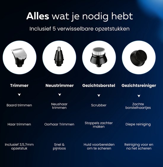 Beeperfect® Rasoir 5-en-1 pour hommes - Tondeuse - Rasage à sec et humide sans fil - Rasoir électrique - Tondeuse à barbe - 5 accessoires