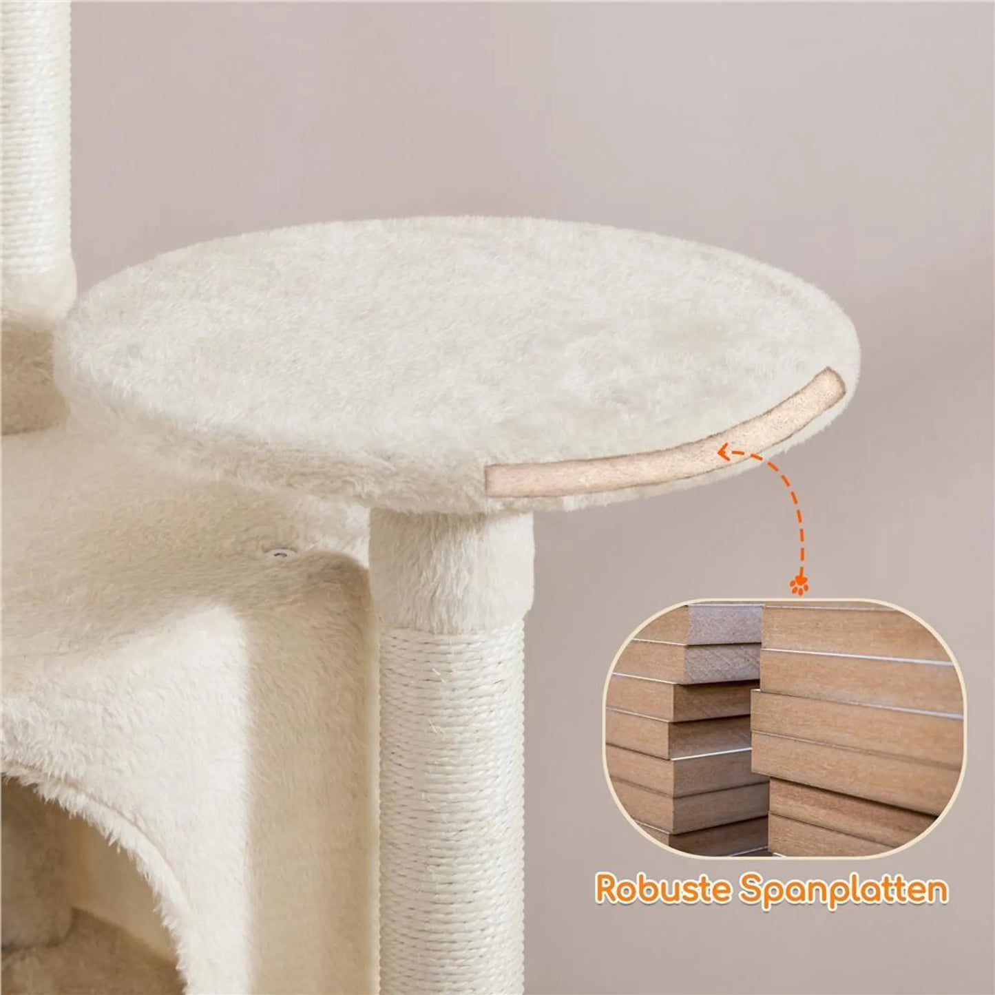 Yaheetech Griffoir moyen - 43,5 x 43,5 x 106 cm - avec plateforme d'observation généreuse, hamac et panier à chat avec 5 tiges en sisal - pour chatons et chats de taille moyenne - peluche beige et panneau d'aggloméré