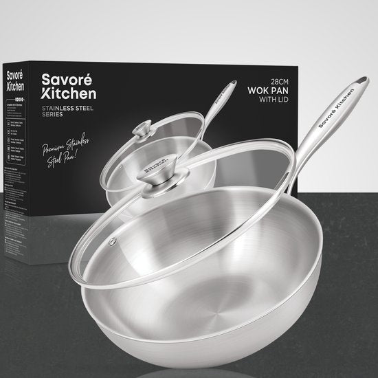 Savoré Kitchen Wok pan stainless steel 28 cm with Lid - Induction Suitable - Wok pans - 3-Ply - Professional Heat Distribution