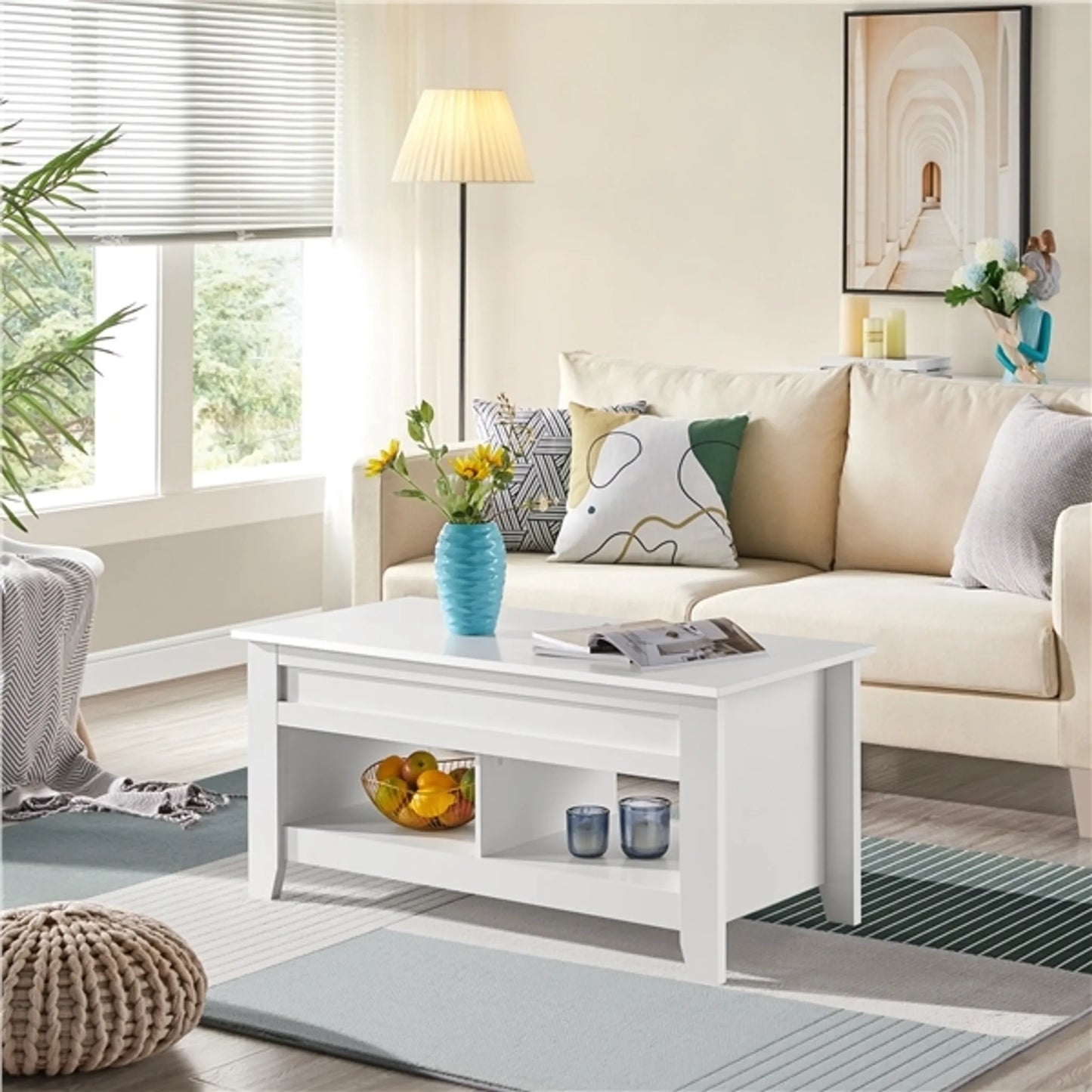 Yaheetech Table basse à plateau relevable - avec rangement caché et deux étagères ouvertes et mécanisme à ressort - pour salon et petits espaces - Mdf blanc et métal - 104.5 x 49.5 x 49-61.5 cm