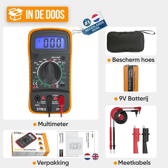 Strex Digital Multimeter - AC / DC - Batterie Duracell 9V, pince et étui de rangement inclus - Multimètre
