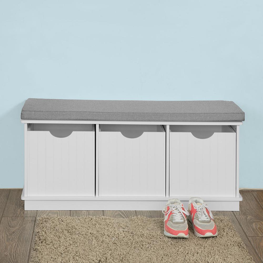 SoBuy Meuble à chaussures avec assise rembourrée - 3 paniers -Rural - Max. 120 kg -100 x 36 x 46 cm - Blanc / Gris