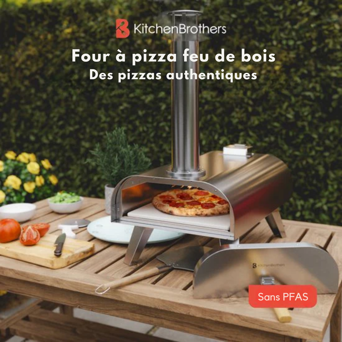 Four à Pizza - KitchenBrothers - Au feu de bois - Pierre à pizza - jusqu'à 460°C - Acier inoxydable - Four à pizza d'extérieur