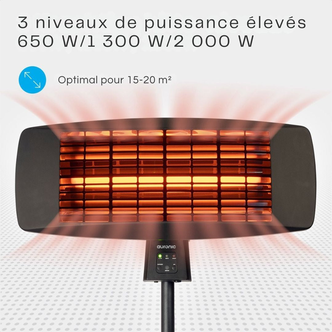 Chauffage de terrasse - Auronic - Électrique - 2000W - Télécommande incluse - 3 niveaux - Noir