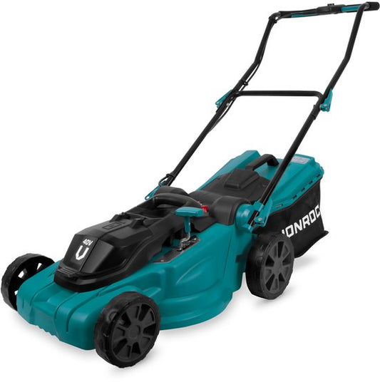Tondeuse VONROC Accu - 40V - Largeur de coupe 38 cm - Quatre hauteurs de coupe réglables : 35/45/55/65 mm - Bac de ramassage 45L inclus - Batteries et chargeur rapide inclus.