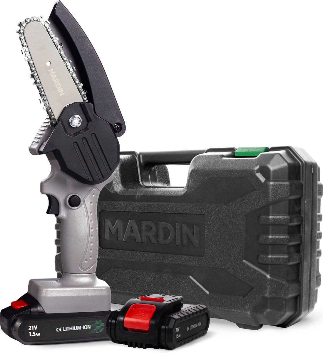 Mini tronçonneuse Mardin - Scie d'élagage - 2 Batteries - Mallette incluse - Gris