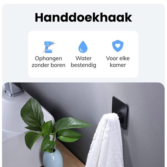 Crochets à serviettes auto-adhésifs - 1 pièce - Noir mat - Porte-serviettes de salle de bain - Porte-serviettes - Crochets muraux - Crochets de porte - Système d'accrochage pour peinture - Crochet à manteau - Ventouse avec crochet
